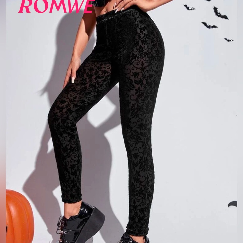 Shein Black Velvet Printed Sheer Leggings